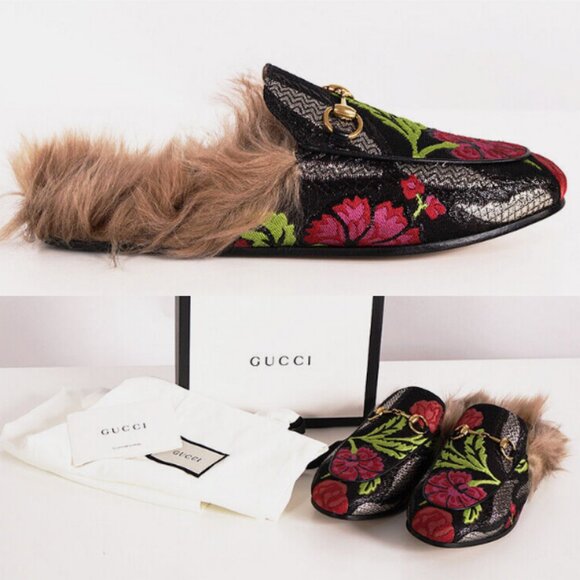 RE: Gucci Princetown Brocade Fur Trim Mules Size 36.5 Loafers Floral Jacquard - Picture 1 of 13